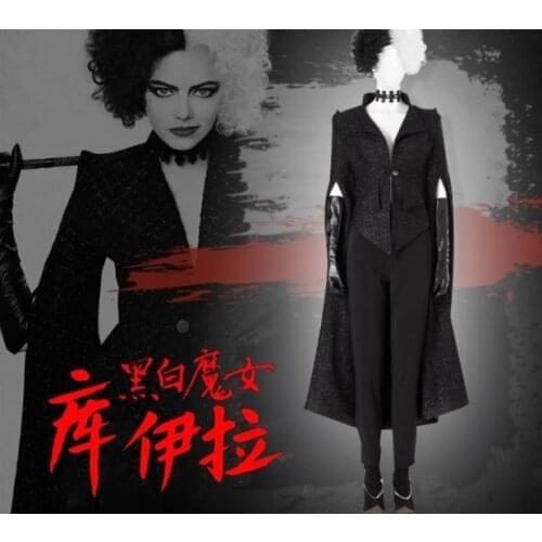 Cruella Cosplay Costume Black Coat Uniform Woman Long Flared Sleeves Dress Halloween Outfits Adult Cruella De Vil Cosplay Wig