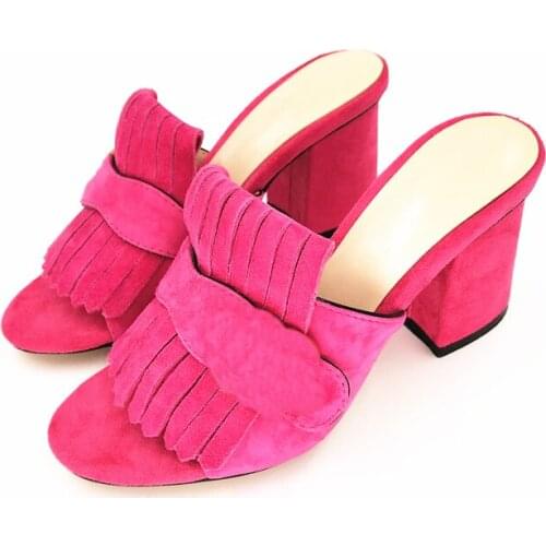 2020 Fashion Brand Summer Sandals Real Suede Leather Womens Shoes Chunky High Heels Pumps Tassel Slides Sandalias Mujer tacones