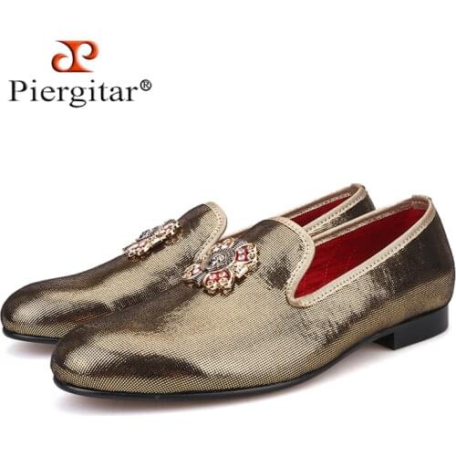 PIERGITAR 2018 new handmade men gold PU shoes with gold cross Charm Party and wedding men dress shoes Plus size mens loafers