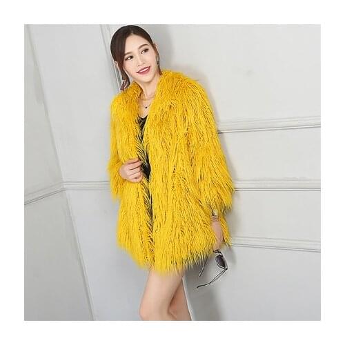 Top brand Faux Women Loose Wool Fur Yellow Coat high quality