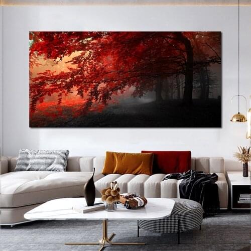 SELFLESSLY Red Tree Canvas Prints Sunset Home Decor Forest Landscape Posters Wall Pictures for Living Room Decorative Painting