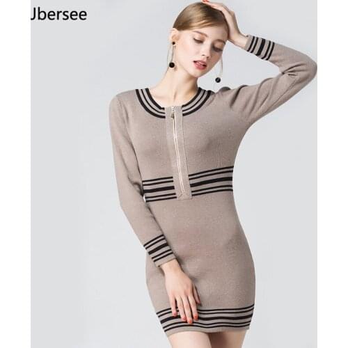 Spring Striped Patchwork Dress Fashion O-Neck High Waist Knit Dress Women Long Sleeves zipper Sweater Pullovers Dresses YZ5061