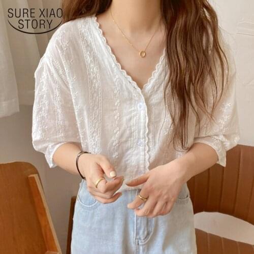 Vintage Floral Slim Blouse Women Korean Simple Versatile V-neck Lace Shirt Elegant Cotton Ladies Casual Sweet Shirt Blusas 14272