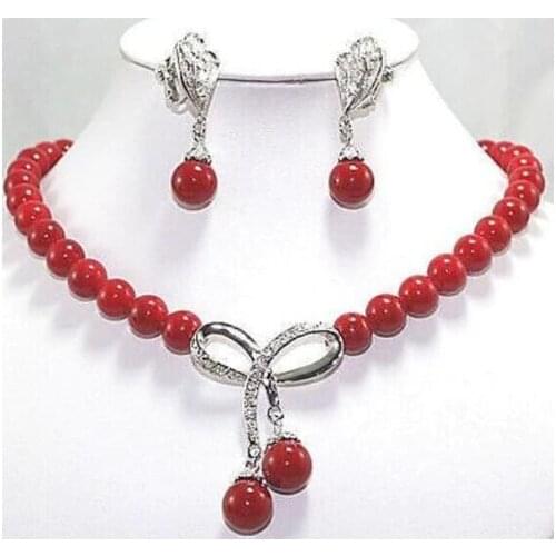 Jewelry Inlay Crystal bow red shell pearl pendant necklace earrings set