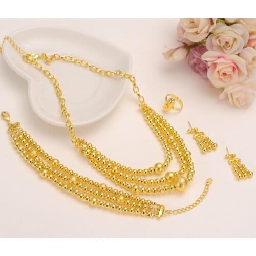 Gold Color Bead Jewelry sets Round Pendant Chain Necklace Ball drop Earrings for Women Arab/Africa Ethiopian Jewelry girlscharms