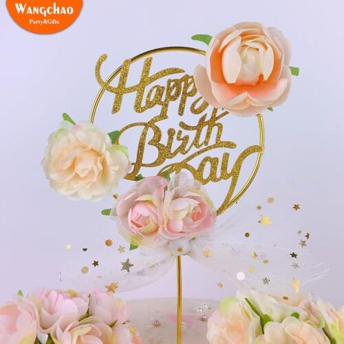 Iron Garland Simulated Flower Mesh Feather Cake Topper Happy Birthday Cake Decoration Girlfriend Kids Baby Shower Party Supplies