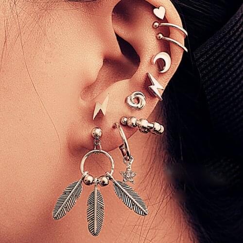 Boho Vintage Mix Geometric Drop Earrings For Women 2020 Leave Geometric Moon Stars Heart Shape Crystal Earring Set Female Jewely