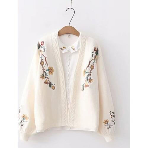 2021 Spring Chic Floral Embroidered Sweater Women College Style V-neck Casual Lantern Sleeve Loose Cardigan Knitted Sueter Mujer