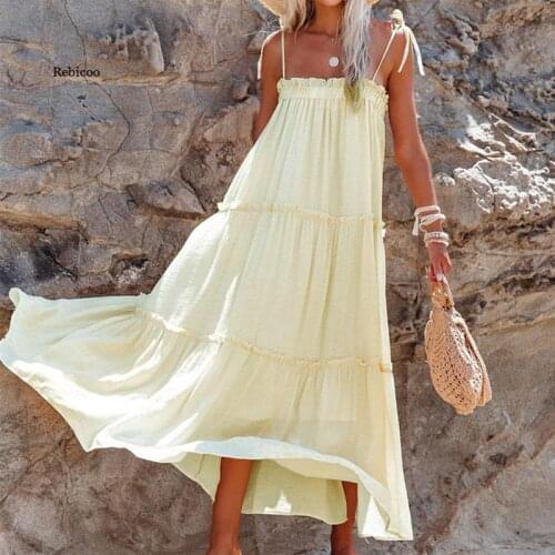 Women Dresses Solid Spaghetti Strap Sleeveless Lace-Up Folds Female Backless Pure Dress Summer Lady Casual Loose Vestidos