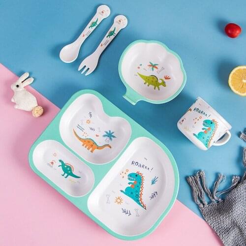 5pcs/Set Baby Grid Tableware Set Food Grade Resin Bamboo Fiber Material Feeding Bowl Dinosaur Spoon Fork Cup