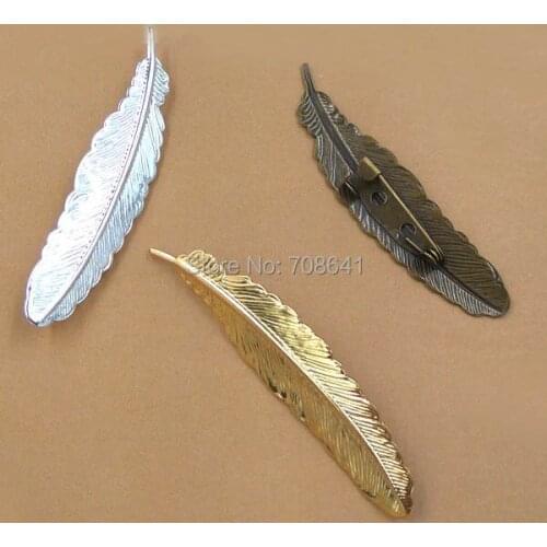 53x12mm Retro Blank Back Pins Brooches Bases Settings Feather Shape Bezel Brooch DIY Jewelry Findings Multi-color Plated Brass