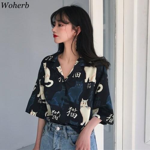 Woherb Harajuku Women Tops and Blouses 2021 Korean Fashion Clothing Cute Kawaii Shirts Cartoon Animal Cat Print Loose Blusas