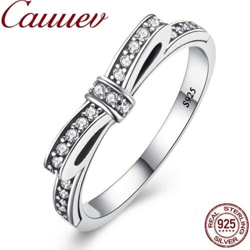 Cauuev 925 Sterling Silver Sparkling Bow Knot Stackable Ring Micro Pave CZ Bow Knot for Women Valentines Day Gift Jewelry bague