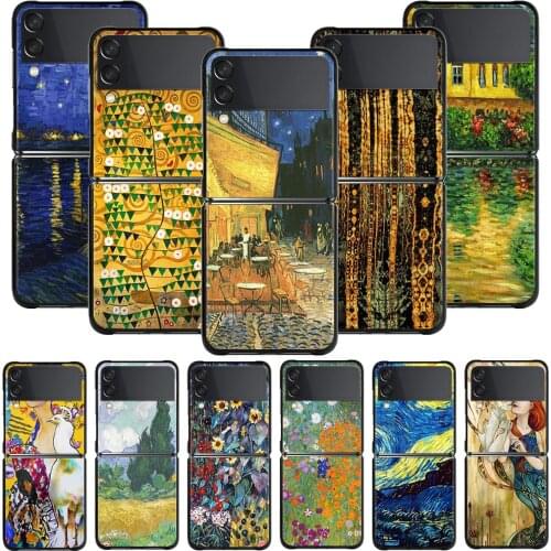 Black Phone Case For Samsung Galaxy Z Flip3 5G Z Flip Hard PC Shell Smartphone Capa Van Gogh Starry Night Klimt Kiss