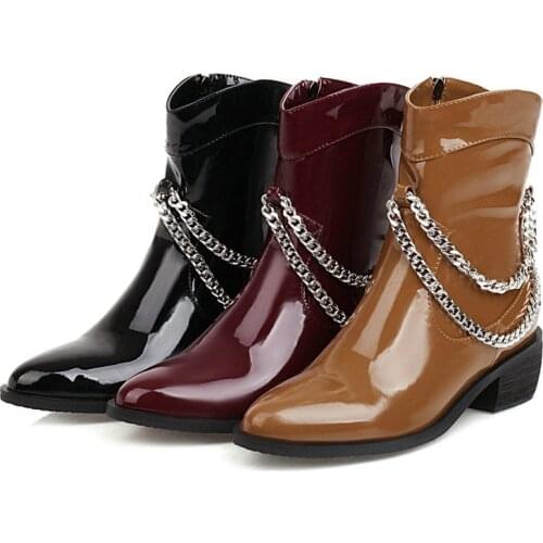 Spring Autumn Womens Short Boots Fashion Metal Chain Comfortable Mid-Heel Ladies Mirror Leather Rider Boots Zipper Winter Shoes