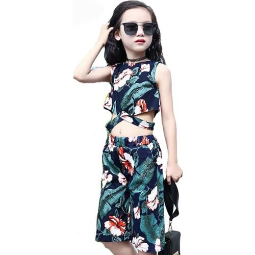 Kids Girls Clothing Sets Behemian Bare Midriff Floral Vests & Loose Shorts Girl Wide-legged Pant Suit Cotton Print Girls Outfits