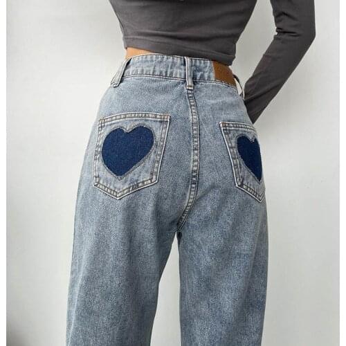 Straight Leg Jeans Women High Waist Heart Pockets Casual Long Pants New Streetwear Female Denim Trousers Pantalon Femme