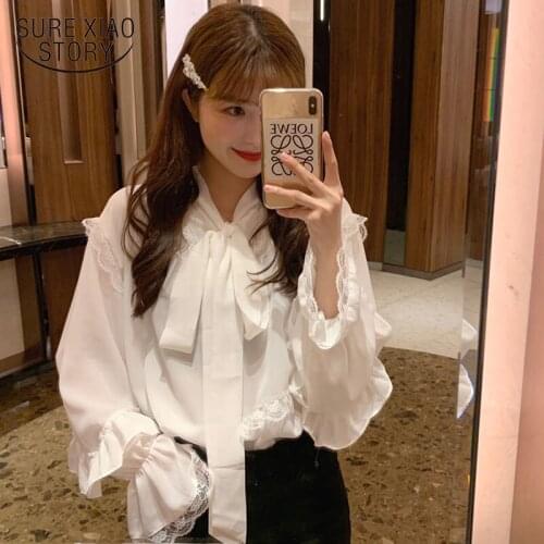 Elegant Lace Up Bow Collar Solid Blouse Women Lace Patchwork Flare Long Sleeve Loose Blusas Chic Ol Shirt Autumn New 2021 14697