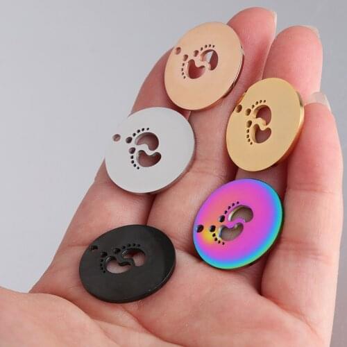 Fnixtar Hollow Baby Feet Round Charm Mirror Polished Stainless Steel DIY Pendant For Mom Necklace Jewelry Gift 22mm 20piece/lot