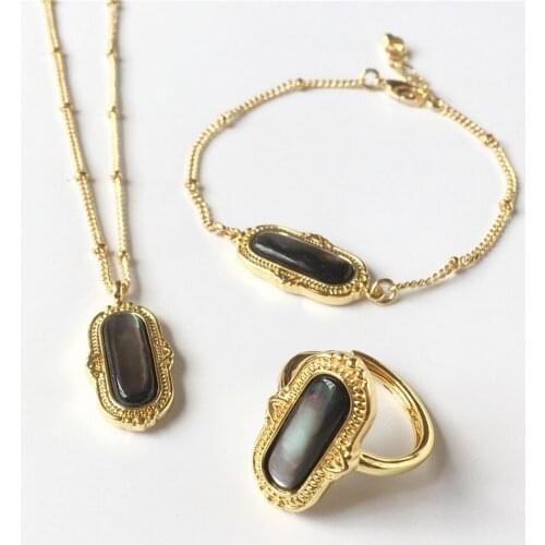 FUWO Wholesale Black Shell Necklace Bracelet Ring Set Jewelry,High Quality Gold Electroplated Natural Mother Of Pearl Gift JS001