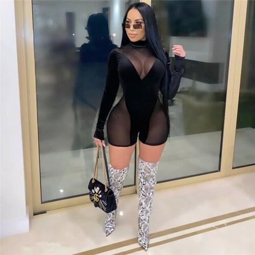 Sheer Mesh Patchwork Velvet Playsuit Woman Long Sleeve Turtleneck Empire Waist Skinny Shorts Jumpsuit Night Club Party Playsuit