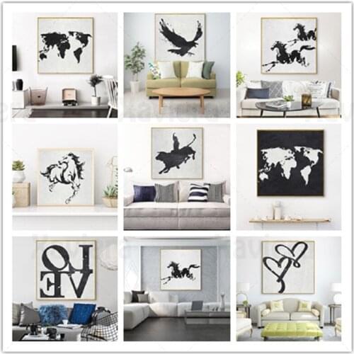 Chinese Calligraphy Ink Square Poster Black & White Canvas Painting Horse&love&world Simple Modern Style Home Decoration Bedroom