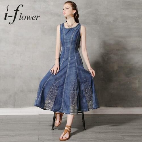 2021 Summer dress new round-neck vest fairy dress retro heavy work embroidered trim denim dress DZ301