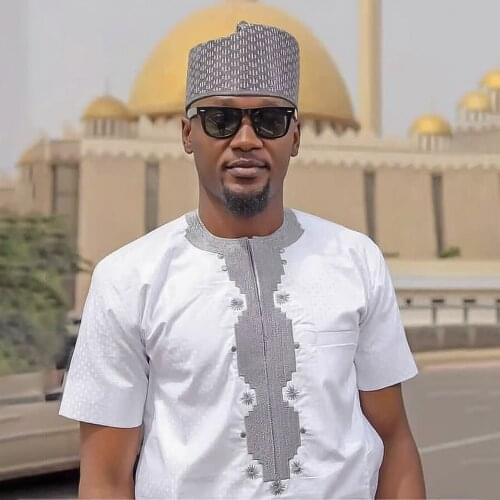 H&D 2021 Men African Outfit Embroidery Dashiki Ankara Bazin Riche T-shirt Muslim Man Islam Kaftan Short Sleeve Tops Party Shirt