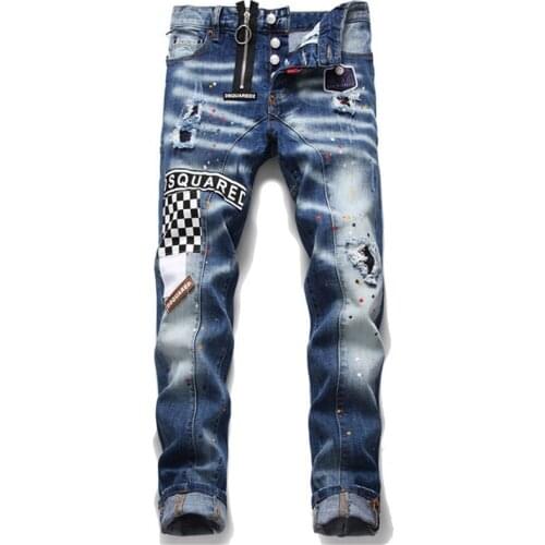 Mens New Stretchy Blue Tight Casual Fashion Trend Checkerboard Decoration Midrise Denim Trousers With Holes Splashed Paint