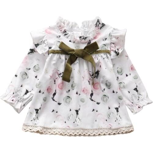 New brand baby Girl Long Sleeve Lace stand collar Floral printed Bow Tie princess fashion cotton soft tops