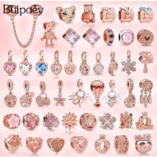 Buipoey Rose Gold Heart Pendant Charm Crystal Beaded Fit Brands Bracelet Original Necklace Handmade Women Jewelry Accessory