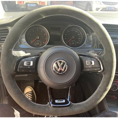 All Black Suede Leather Steering Wheel White Stitch on Wrap Cover Fit For Volkswagen Golf 7 GTI / Golf R MK7 / VW Polo GTI