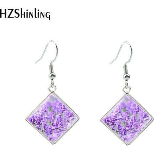 2020 New Purple Lavender Hook Earring Circle Flower Art Rhombic Earrings Glass Dome Photo Jewelry Handmade Earrings