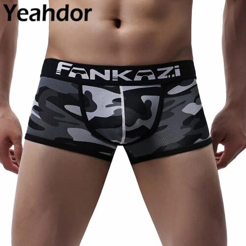 Mens Sexy Breathable Net Fabric Camouflage Print Boxer Briefs Low Waist Wide U Bulge Pouch Shorts Underwear Panties Underpants