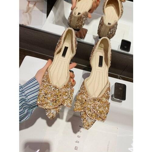 Fashion pointed flat shallow mouth womens shoes spring and autumn new exquisite pearl bow sweet single shoes
