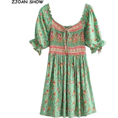 Bohemian Wood ears Slash Collar Floral Print Elastic Ruched Mini Dress BOHO Holiday Woman Puff Sleeve Short Dresses
