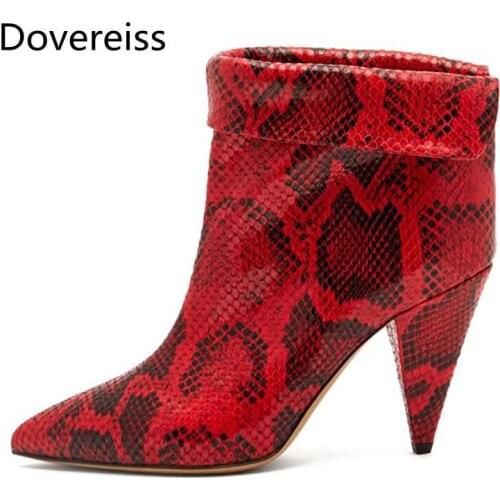 Dovereiss Fashion Womens Shoes Winter Sexy Elegant Serpentine red Strange style heels new Ankle boots Ladies Boots Mature 33-43
