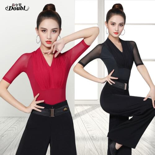 Hot sale DOUBL Latin training suit clothes female professional new Latin dance costumes half sleeve ballroom shirt sexy tops