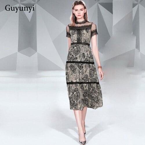 Temperament Elegant Party Dress 2019 Summer Simple Lace Mesh Short Sleeve European Style Vintage Flower Womens Dresses