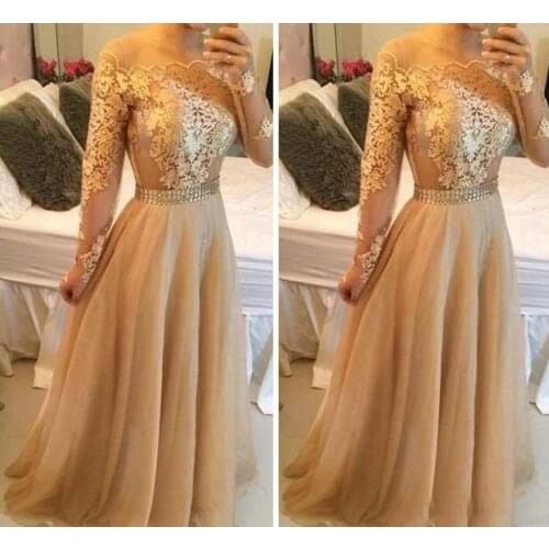 Modest Long Sleeves Arabic Formal Evening Dresses Champagne Lace Chiffon Plus Size Vestidos De Novia Prom Special Occasion Gowns