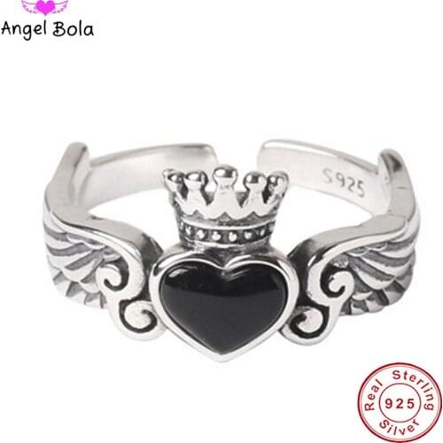 100% 925 Sterling Silver Jewlery Obsidian Peach Heart Crown Wings Adjustable Size Ring for Women Engagement Ring
