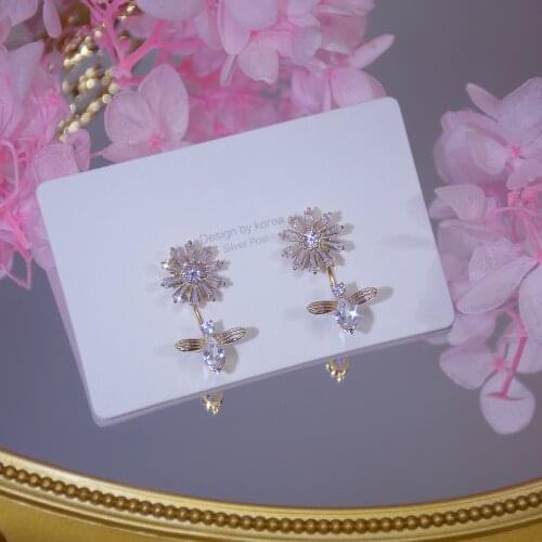 14k Real Gold Plated Fashion Jewelery Crystal Flower Exquisite Stud Earrings for Woman Holiday Party Elegant Earring