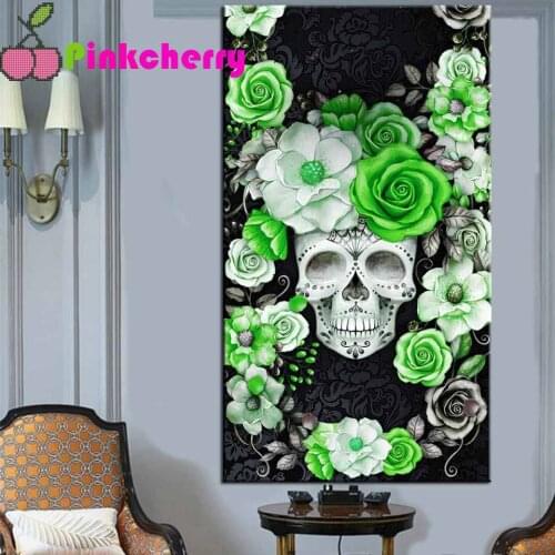 Diamond Embroidery Skull with green rose Flower Picture Of Diamond Painting Full drill Mosaic Cross Stitch Wall Art k624