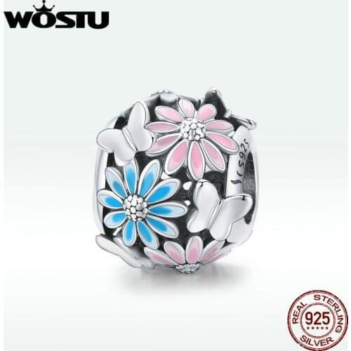 BISAER 925 Sterling Silver Flower & Butterfly Bright Daisy Charms Pendant Fit Bracelet Women Fashion Jewelry Making Gift BKC1837