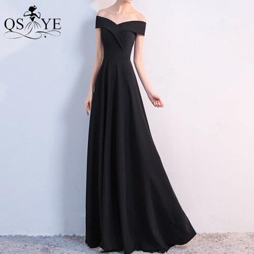 Off Shoulder Black Evening Dress Stretch A line Long Party Gown Side Sleeves Formal Gown Lapel Neck Women Prom Dresses