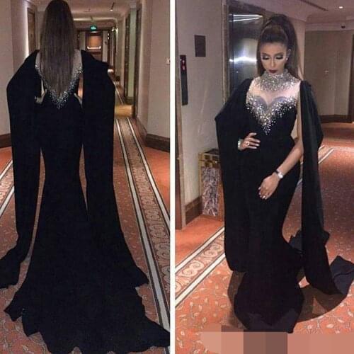 Beaded Black Evening Dresses Sexy Cape Style Latest Mermaid Evening Gowns Dubai Arabic Party evening Dress 2019 robe de soiree