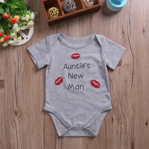DERMSPE New Casual Newborn Baby Boy Girl Short Sleeve Letter Aunties New Man Red Kiss Cotton Romper Baby Jumpsuit Clothes Gray