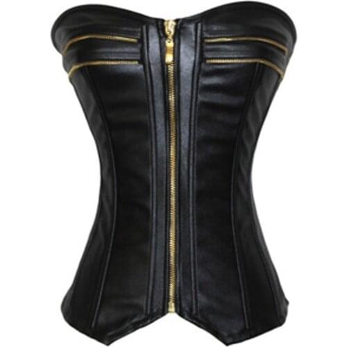 Gothic Black Faux Leather Corset Steampunk Zipper Front Sexy Body Bustier Overbust Corset Women Waist Cincher Corsets Plus Size
