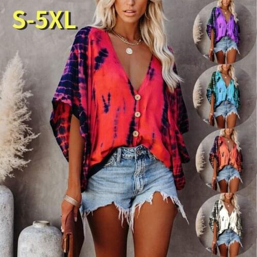 Kuelawear V-neck Bat Sleeve Tie Dye Printed Shirt Womens V-neck Casual Cardigan Tops Ladies Cotton Loose T-shirt Plus Size S-5XL