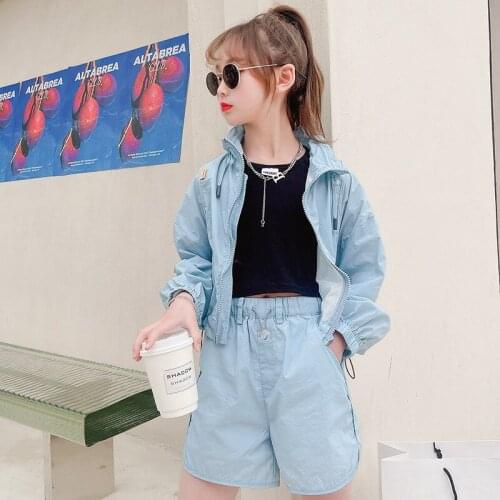 Girls Sunscreen Thin Coat 2021 Summer Long Sleeve Jacket + Shorts 2 Pieces Sets Air-conditioner Clothes For Kids Girl